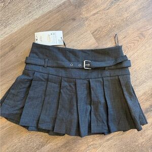 Pleated Black Plaid Mini Skirt with Belt